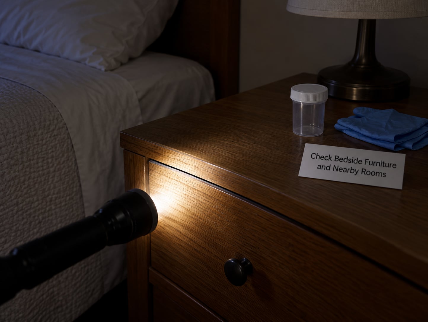 Check Bedside Furniture and Nearby Rooms