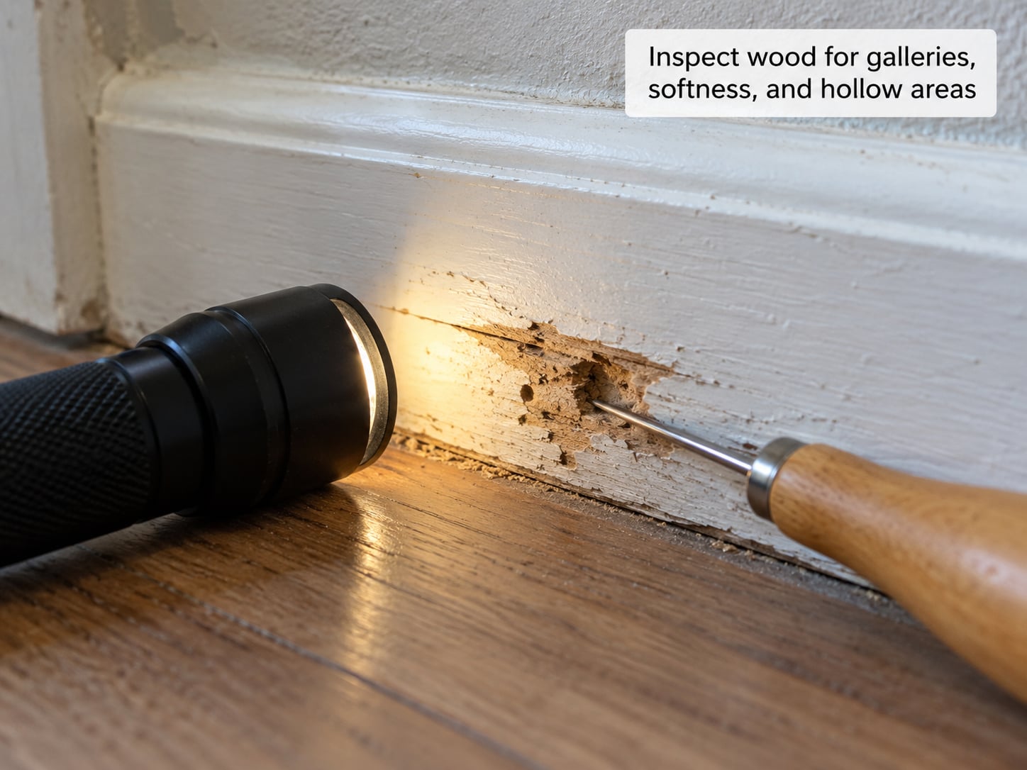 Inspect wood for galleries, softness, and hollow areas