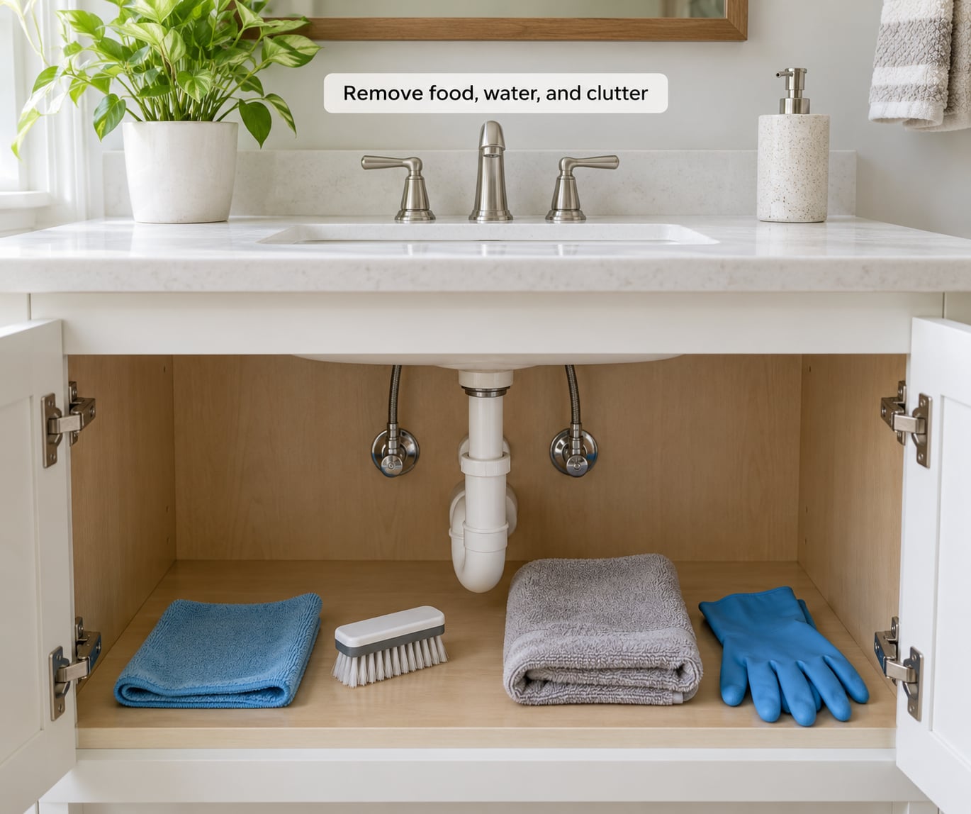 Remove food, water, and clutter