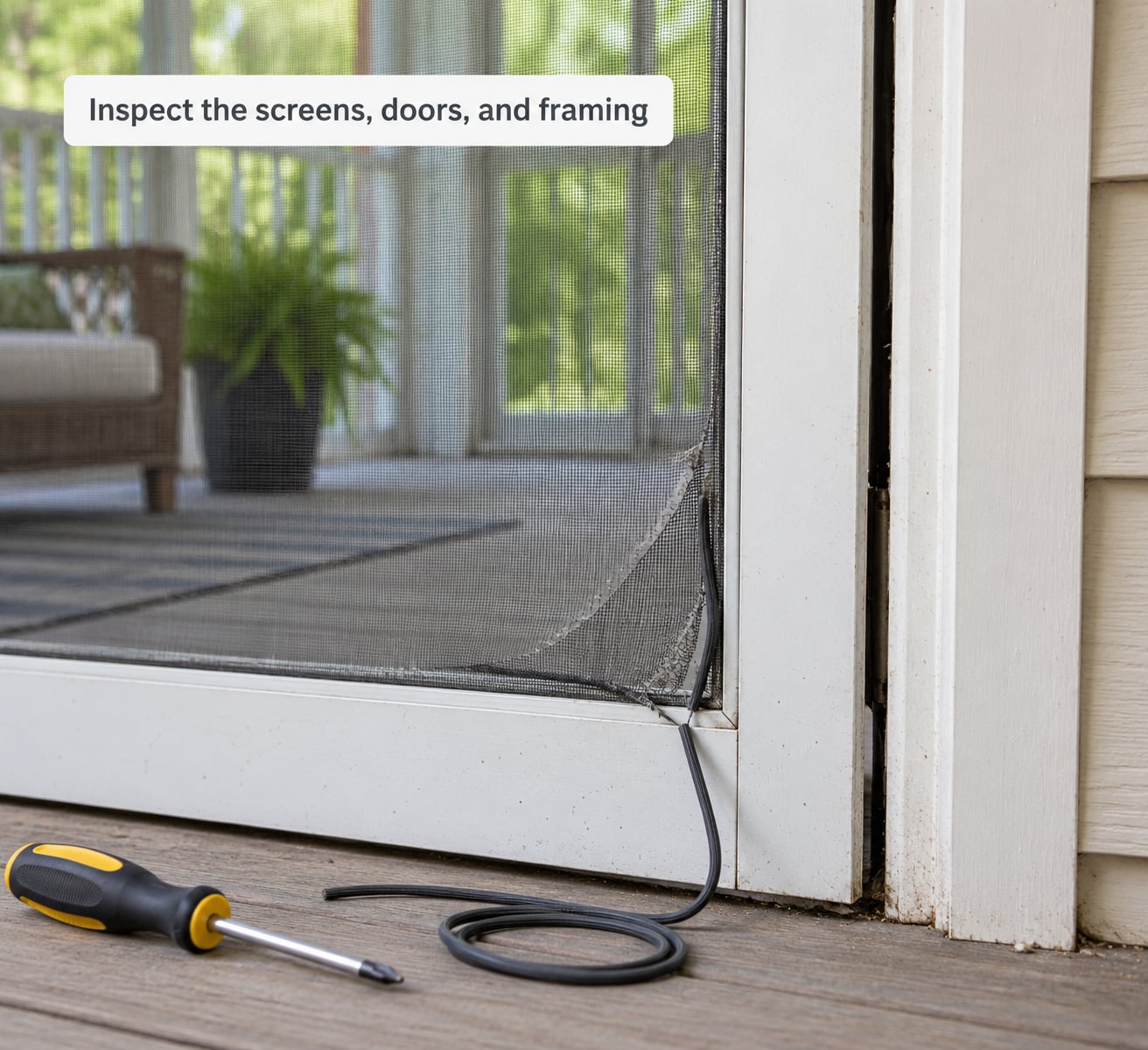 Inspect the screens, doors, and framing