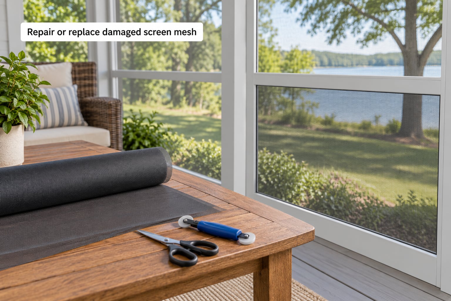 Repair or replace damaged screen mesh