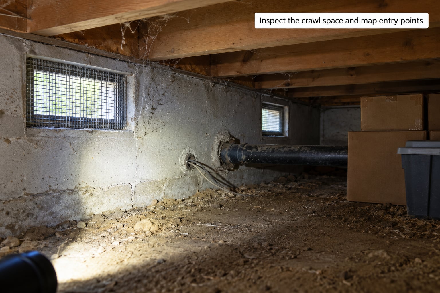 Inspect the crawl space and map entry points
