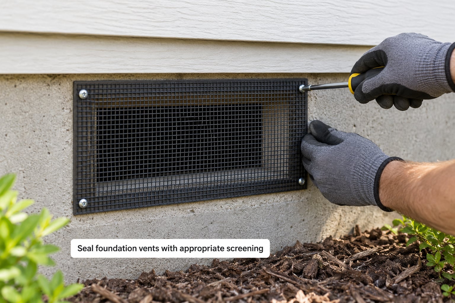 Seal foundation vents with appropriate screening