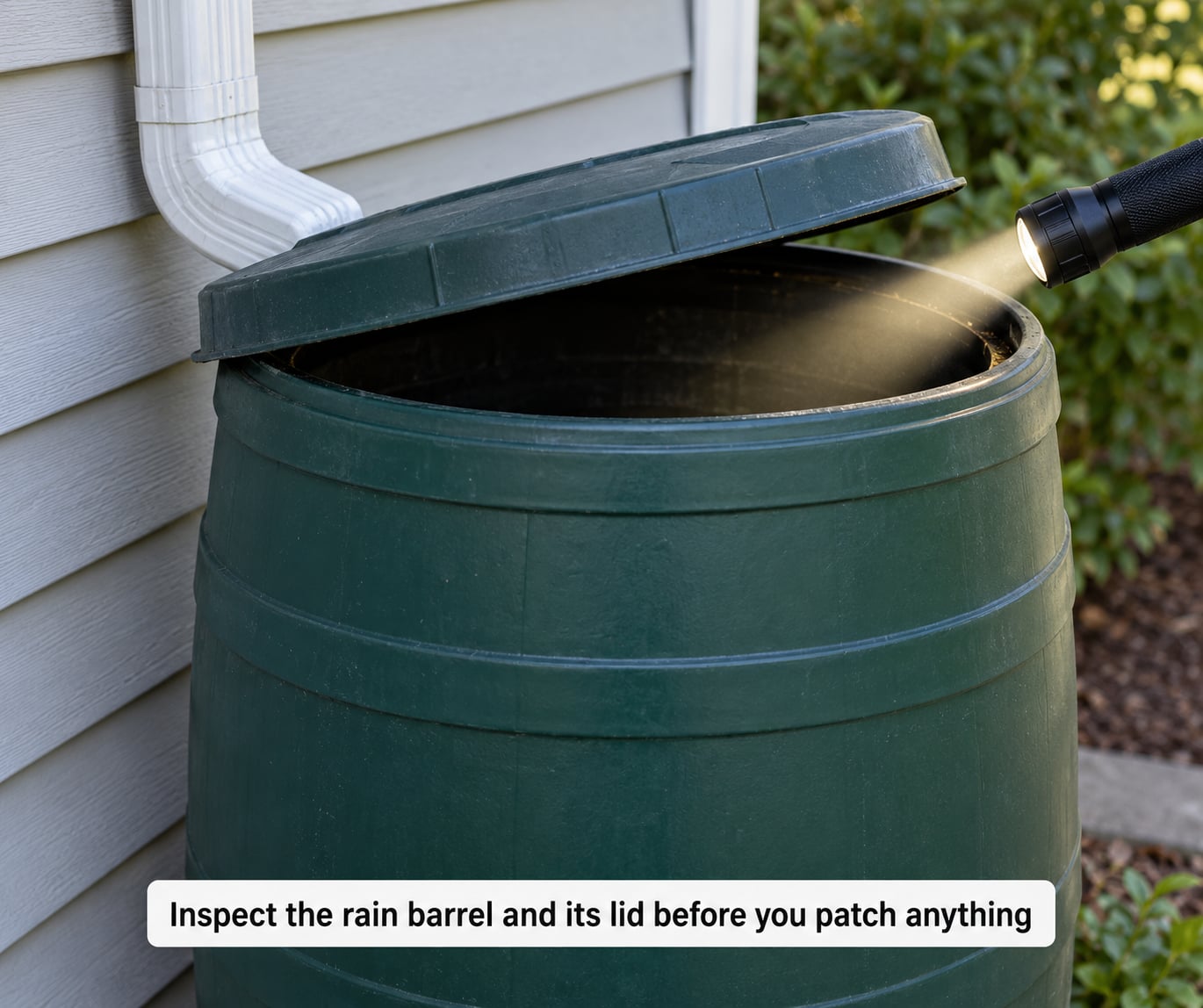 Inspect the rain barrel and its lid before you patch anything