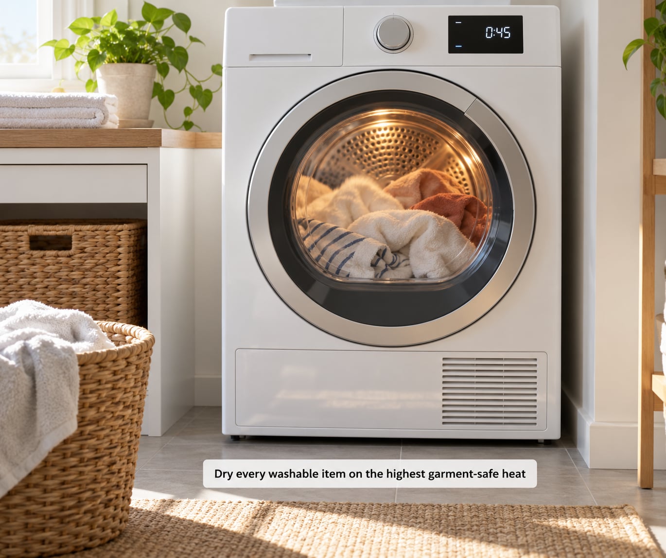 Dry every washable item on the highest garment-safe heat